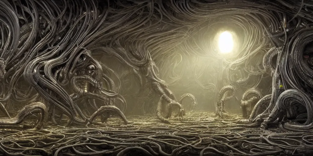 Prompt: an incredibly hyper realistic organic world of metallic beings in the style of h. r. giger by dr. seuss, cinematic colors, behance contest winner, global illumination, radiant light, detailed and intricate environment