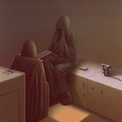 Prompt: gamer at his computer Zdzisław Beksiński, oil on canvas