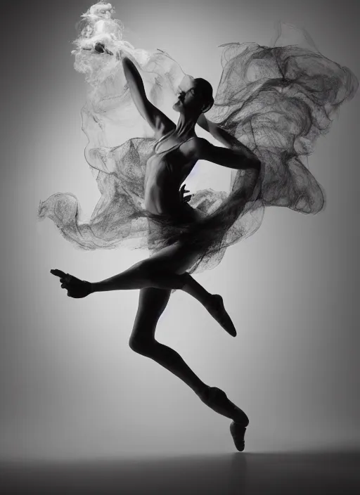 Image similar to a Photorealistic dramatic hyperrealistic render of a glamorous beautiful Female smoke dancer by Ken Brower and Deborah Ory of NYC Dance project,Lois Greenfield,Flowing cloth and smoke,Beautiful dynamic dramatic dark moody lighting,volumetric,shadows,cinematic atmosphere,Octane render,8K