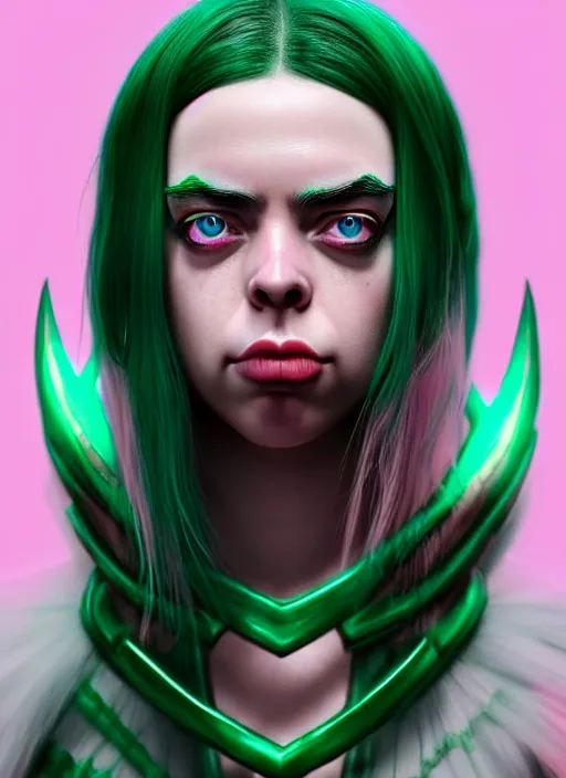 Image similar to Billie Eilish as Female Loki, beautiful facial symmetry, rose pink skin, very detailed, digital art, trending on artstation, smooth render, 8k octane render, digital illustration, by Katsuhiro Otomo and Shigeru Miyamoto and Ian Sprigger