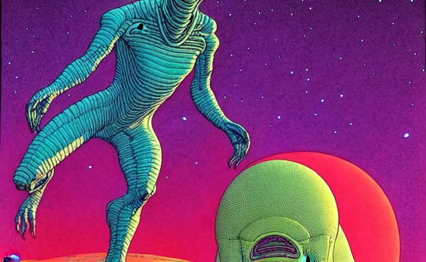 Image similar to ( ( ( ( an alien ) ) ) ) by mœbius!!!!!!!!!!!!!!!!!!!!!!!!!!!, overdetailed art, colorful