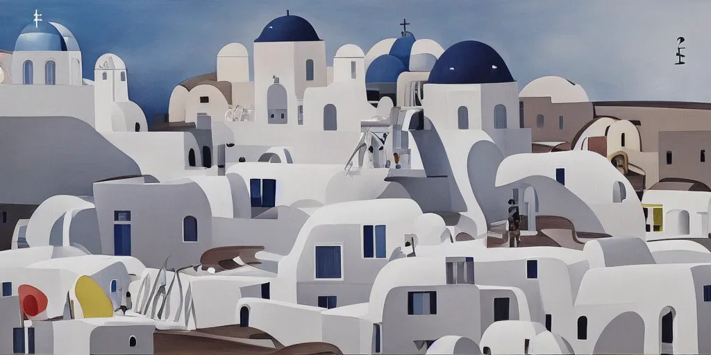 Image similar to a painting of abstract buildings like santorini by zaha hadid and yves tanguy