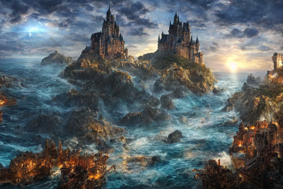 Image similar to an epic fantastic realism painting of a castle city being devoured by the ocean's beasts, 8 k, ultra realistic, lens flare, atmosphere, glow, detailed, intricate, full of colour, cinematic lighting, trending on artstation, 4 k, hyperrealistic, focused, extreme details, unreal engine 5, cinematic, masterpiece