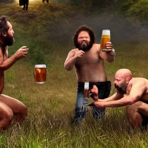 Image similar to caveman chugging a beer with joe rogan and alex jones frolicking around in a field of mushrooms smoking in real life, 8 k, 4 k uhd, realistic, hyper realistic, super detailed, very detailed, detailed