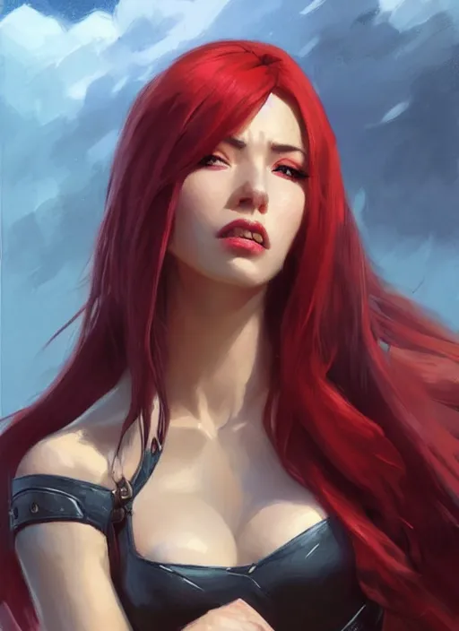 Image similar to portrait of Katarina from League of Legends in casual wear, countryside, fantasy character portrait, dynamic pose, above view, view from above, sunny day, thunder clouds in the sky, artwork by Jeremy Lipkin and Giuseppe Dangelico Pino and Michael Garmash and Rob Rey, very coherent symmetrical artwork, perfect face, simple form, 100mm