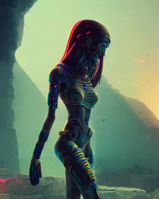 Image similar to android girl in egyptian ruins, ultra realistic, mysterious, cyborg body, atmosphere, glow, detailed, intricate, full of colour, cinematic lighting, trending on artstation, 4 k, focused, extreme details, cinematic, masterpiece, by ismail inceoglu