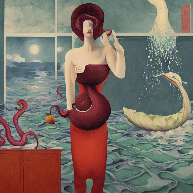 Image similar to tall female artist holding a nautilus in her flooded kitchen, pomegranates, window, octopus, water gushing from ceiling, painting of flood waters inside an artist's apartment, a river flooding indoors, ikebana, zen, rapids, waterfall, black swans, canoe, berries, acrylic on canvas, surrealist, by magritte and monet