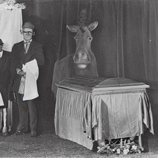 Image similar to an old photo of a funeral, with shrek laying in a casket, and donkey standing behind the lectern.