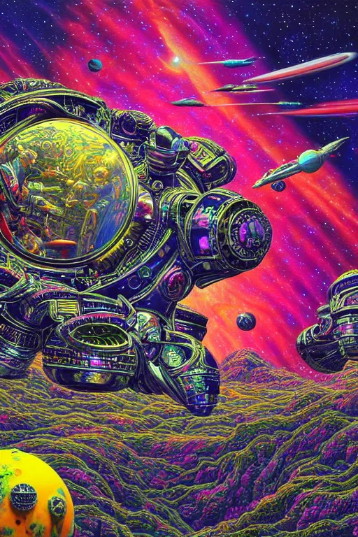 Prompt: maximalist detailed space scene lowbrow scifi artwork by kidsquidy influenced by glenn brown. ray tracing hdr polished sharp
