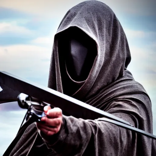 Prompt: a cloaked assassin wearing an iron mask and holding a crossbow in his hands, 4 k, hyper realistic, dslr, high resolution, landscape, beautiful