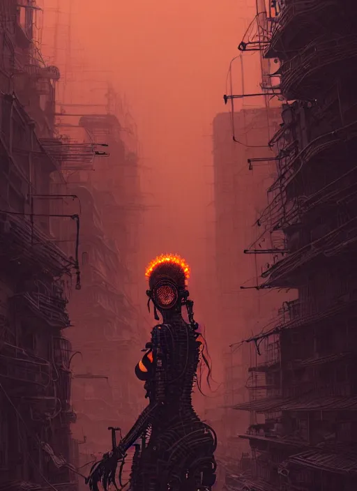 Image similar to highly detailed portrait of wasteland punk long curly fire hair tribal lady, stray wiring by atey ghailan, james gilleard, by joe fenton, by greg rutkowski, by greg tocchini, by kaethe butcher, 4 k resolution, gradient red, orange, black and white color scheme!!! ( ( flaming robotic dystopian city spiral background ) )