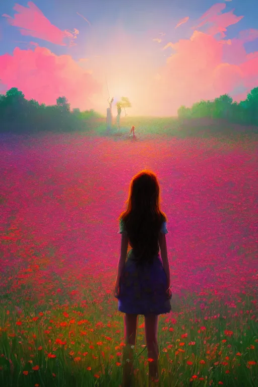 Image similar to closeup, huge flower head, girl standing in a field of flowers, surreal photography, sunrise, blue sky, dramatic light, impressionist painting, digital painting, artstation, simon stalenhag