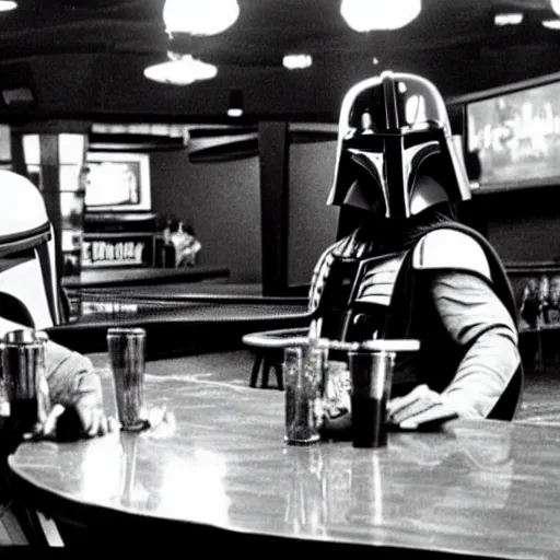 Prompt: boba fett and darth vader drinking at a bowling alley bar in the movie the big lebowski - w 7 2 0