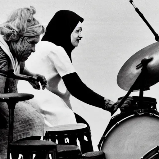 Prompt: a babushka playing drums while sitting on a wildebeest