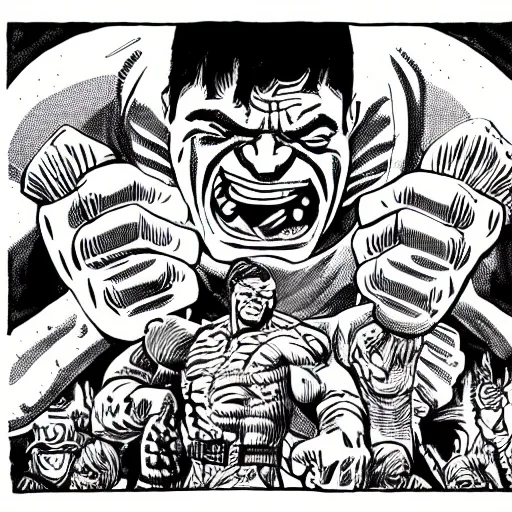 Prompt: mcbess illustration of the hulk fighting Thor