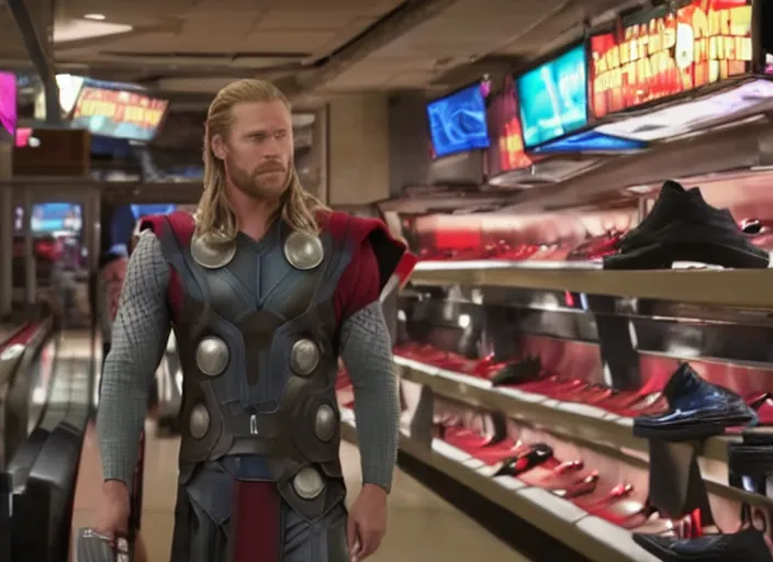 Prompt: film still of Thor working at the shoe counter in a bowling alley in the new Avengers movie, 4k