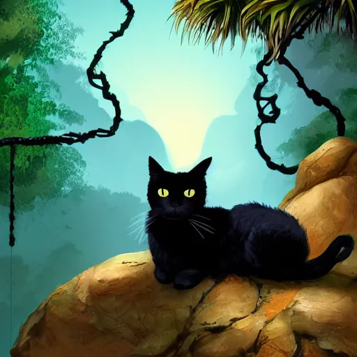 Image similar to a black cat seated on a rock in a jungle!, mist, tropical trees, vines, birds, sunset!, fluffy clouds, warm colors, beautiful lighting, digital art, intricate details, trending on artstation