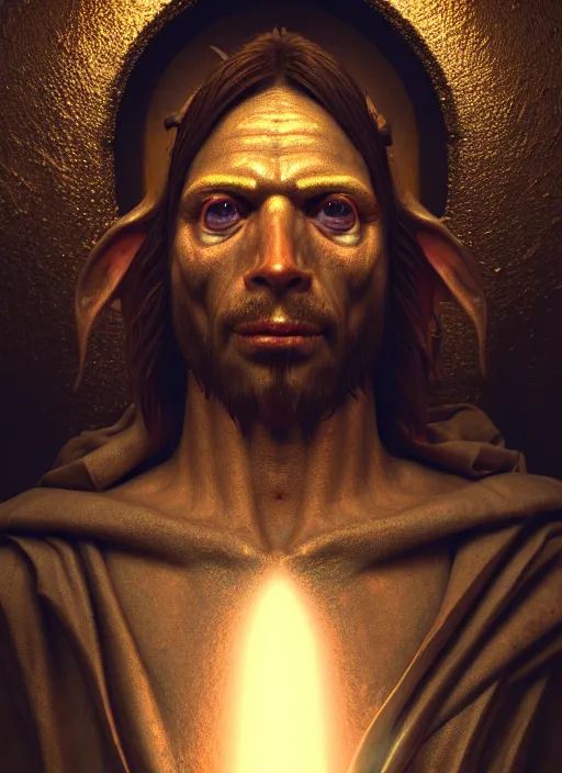 Prompt: portrait of goblin Jesus Christ, perfect facial symmetry + dim volumetric lighting, 8k octane beautifully detailed render, post-processing, extremely hyperdetailed, intricate, epic composition, grim yet sparkling atmosphere, cinematic lighting + masterpiece, trending on artstation