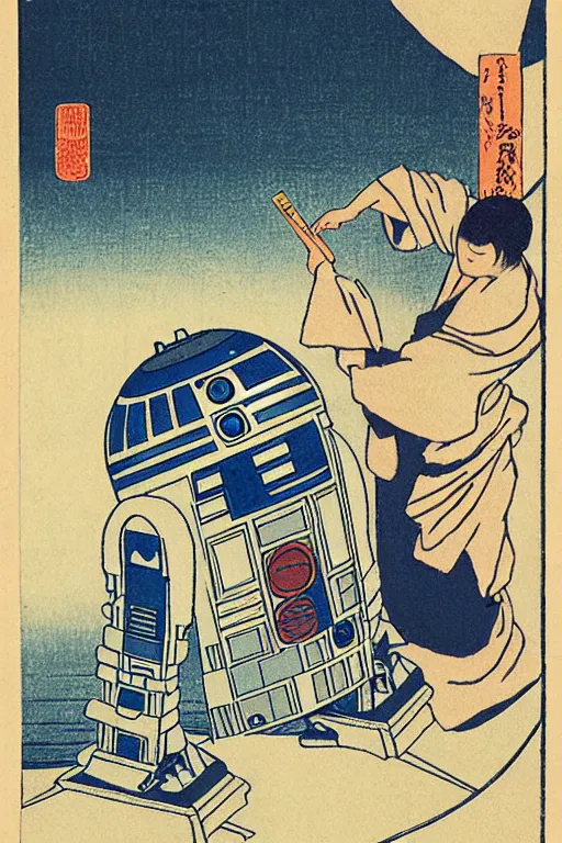 Prompt: Japanese woodblock print of r2d2 , hokusai