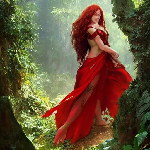 Prompt: portrait of a female draconic sorceress with curly red hair wearing a red dress and a red cloak exploring the ruins of an abandoned maya city in the jungle, fantasy, highly detailed, digital painting, artstation, concept art, character art, art by greg rutkowski and tyler jacobson and alphonse mucha
