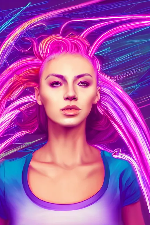 Image similar to a award winning half body portrait of a beautiful woman in a croptop and cargo pants with ombre purple pink teal hairstyle with head in motion and hair flying, surrounded by whirling illuminated lines, outrun, vaporware, shaded flat illustration, digital art, trending on artstation, highly detailed, fine detail, intricate