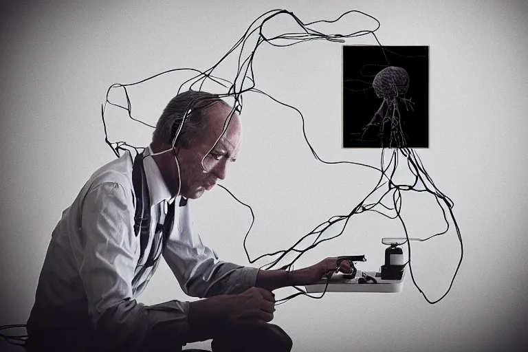 Prompt: a man with a very very big brain! is connected by wires to a computer, Cinematic, filmic, 35mm, dark atmosphere, horror, scary, Wildlife photography, Polaroid, bad quality