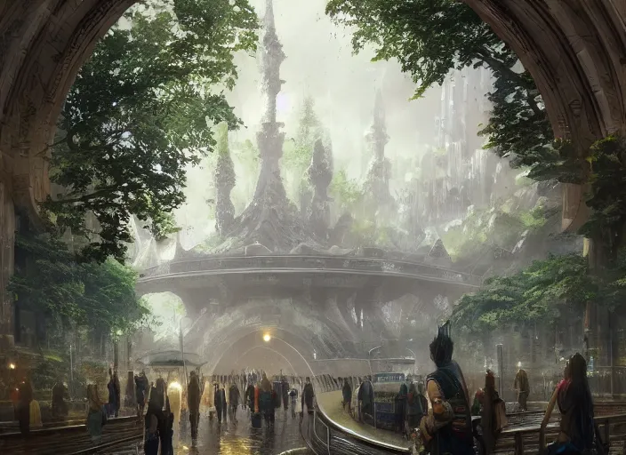 Image similar to A train subway inside a beautiful elven city made of white marble, anime, lush trees, fountain, statue, big clock, information desk, trains, a fantasy digital painting by Greg Rutkowski and James Gurney, trending on Artstation, highly detailed