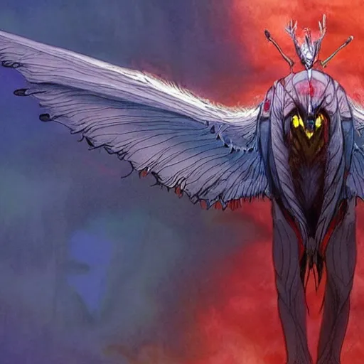 Image similar to 4K photo of mothman with giant wings , flawless anime cel animation by Manabu Oshashi and Satoshi Kon, professionally post-processed , beautiful, scary, symmetry accurate features, epic, octane rendered, anime masterpiece, accurate