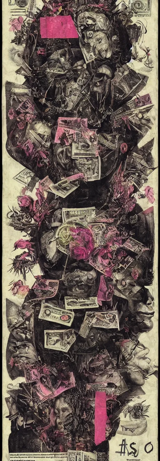 Image similar to post - punk new age album cover, asymmetrical design, dollar bank notes, capitalism, magic, apocalypse, psychedelic, black white pink, magic, giger h. r., giuseppe arcimboldo