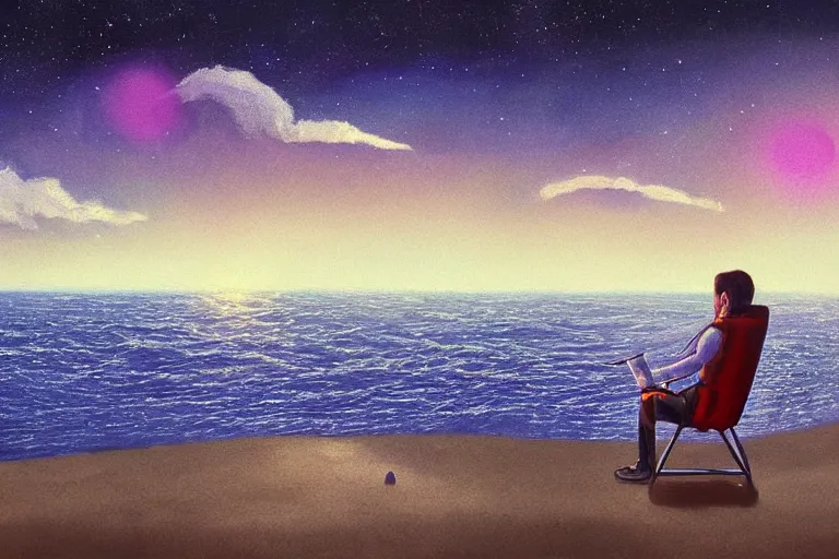 Image similar to astronaut sitting at the beach in a chair of an psychedelic alien planet watching the sunset, surreal photography, dark night, stars, moon light, impressionist painting, clouds, digital painting, artstation, simon stalenhag