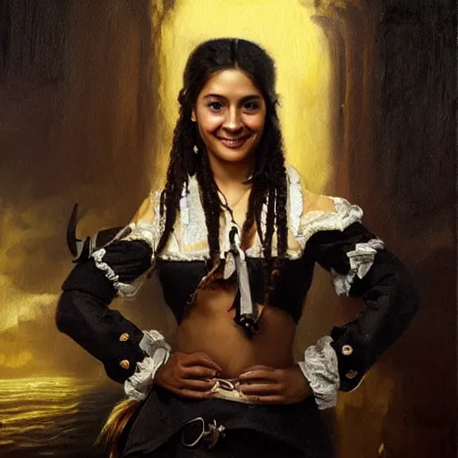 Image similar to oil painting, smiling, happy, beautiful, intelligent, latin, tanned, female pirate captain 2 8 years old, flowing long hair, fully clothed, wise, beautiful, masterful 1 8 0 0 s oil painting, dramatic lighting, sharp focus