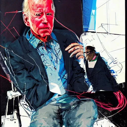 Image similar to Joe Biden full body portrait, Techwear, Cyberpunk, painting by Ralph Steadman, Francis Bacon, Hunter S Thompson