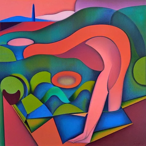 Image similar to woman woman as the natural landscape, her curves form the mountains and rivers of this land , high quality art in the style of cubism and georgia o’keefe,