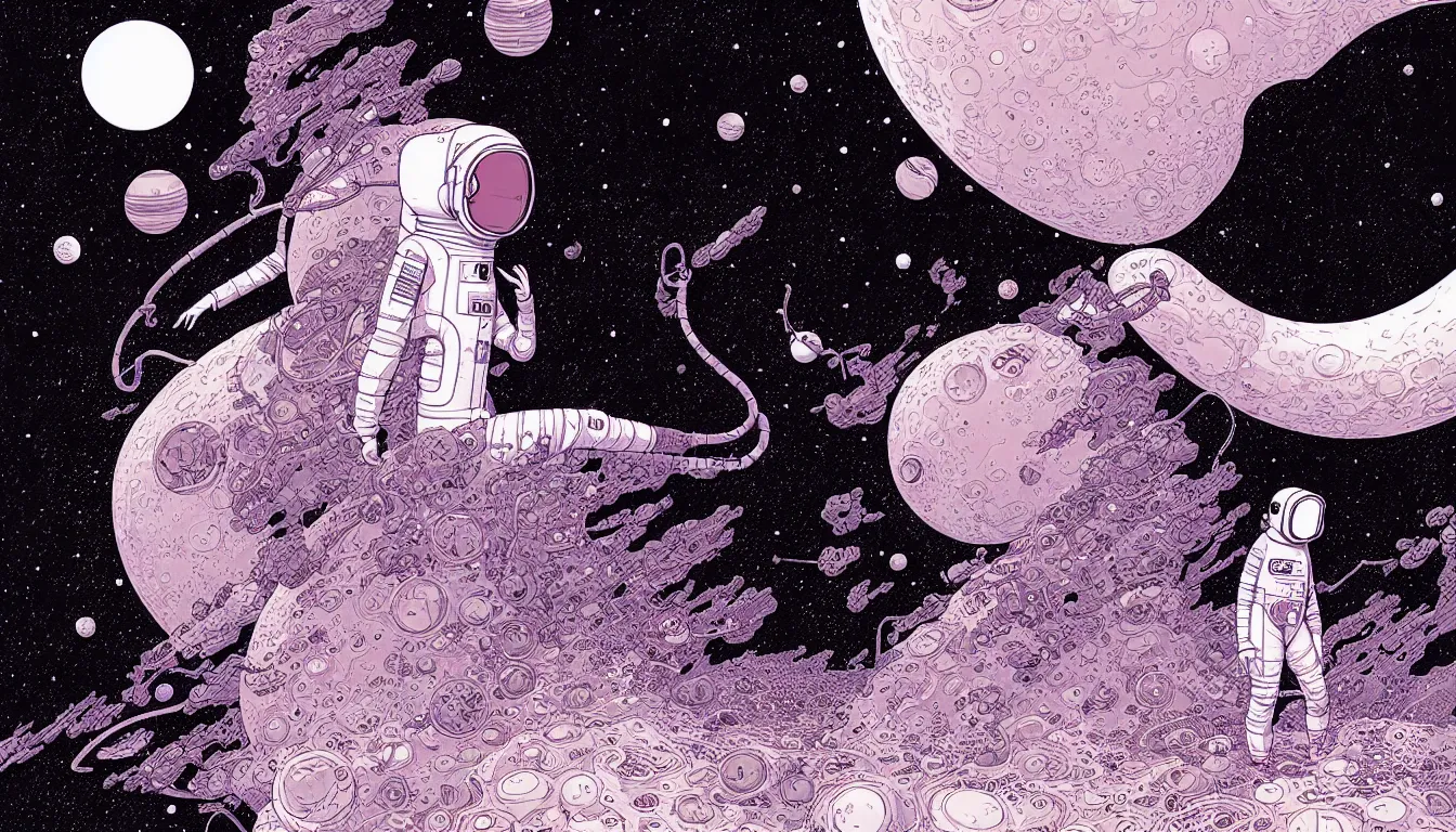 Image similar to hot woman in a space suit floating through space by nicolas delort, moebius, victo ngai, josan gonzalez, kilian eng