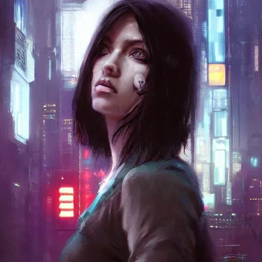 Image similar to molly millions, closeup portrait of a young beautiful cyberpunk woman, mirror eye implants, black hair in a rough shag, sunset, neuromancer, street samurai, cyberpunk city background, megacity, gorgeous view, depth, high detail, digital art, painted by greg rutkowski, painted by seb mckinnon, painted by jeremy mann, trending on artstation