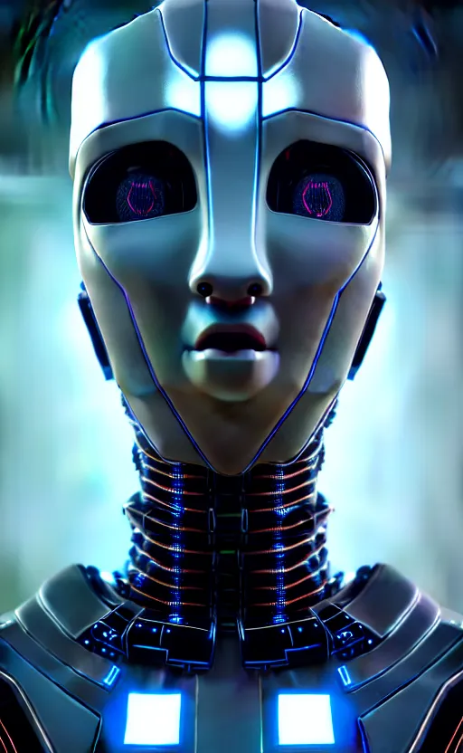 Image similar to friendly humanoid cyber robot, award winning, portrait bust, symmetry, faded colors, cypherpunk background, alan blackwell, masterpiece, trending on artstation, cinematic composition, beautiful lighting, hyper detailed!!!, 8 k, unreal engine 5