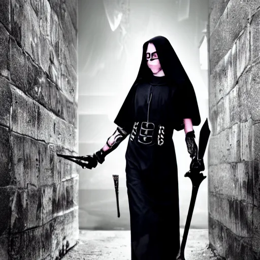 Prompt: photo of a fantasy cyberpunk nun warrior