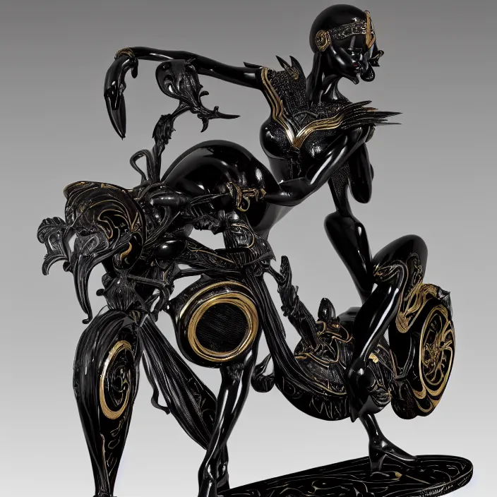 Image similar to fine art statue of masculine black egyptian god on a surrealist motorcycle, ebony art deco, carved black marble, inlaid with ebony and gold accents, ebony rococo, wings black lace wear, sculpted by spider zero, zaha hadid, beautifully lit, hyper detailed, intricate, elite, ornate, photorealistic, micro details, 3 d sculpture, ray trace