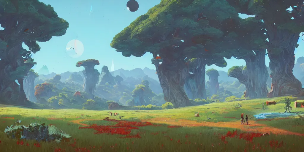 Image similar to landscape painting at noon by james jean and David Schnell painted in no mans sky style