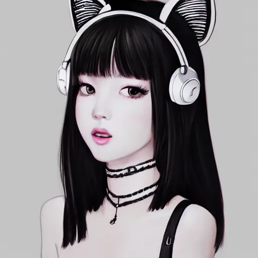 Image similar to realistic detailed semirealism beautiful gorgeous natural cute excited happy Blackpink Lalisa Manoban black hair black cat ears, wearing white camisole outfit, headphones, black leather choker artwork drawn full HD 4K high resolution quality artstyle professional artists WLOP, Aztodio, Taejune Kim, Guweiz, Pixiv, Instagram, Artstation