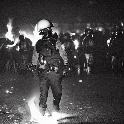 Prompt: portrait of a policeman head on fire during a riot, centered, at night ,editorial photography