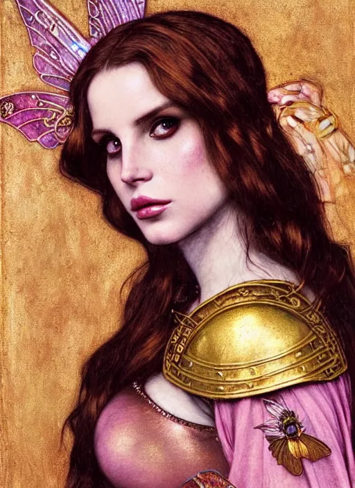 Prompt: portrait of lana del rey as a fae warrior princess with rose - gold hair wearing a knight's armour with iridescent fairy wings painted by bougereau, raphael, waterhouse and klimt in dark shadows, pink and gold tones, gold, ultra detailed. clear and symmetrical facial features ( face with reface ).