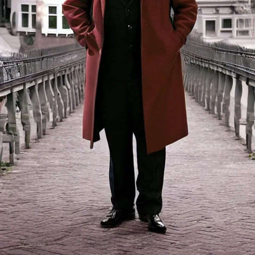 Image similar to full length shot : : clean - shaven smiling white chubby italian american man in his 4 0 s wearing a brown long overcoat overcoat overcoat overcoat and necktie and black shoes shoes shoes holding a burger, 2 0 0 6 advertising promo shot