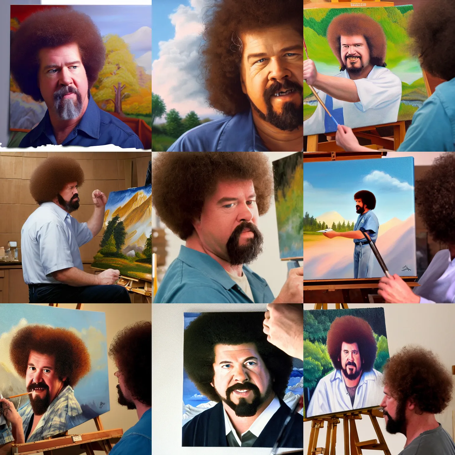 Prompt: a closeup photorealistic photograph of bob ross working on a canvas painting of kenny powers. film still. brightly lit scene. this 4 k hd image is trending on artstation, featured on behance, well - rendered, extra crisp, features intricate detail, epic composition and the style of unreal engine.