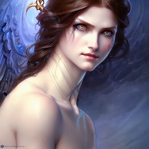 Prompt: Portrait of female fallen angel, D&D, blue eyes, face, fantasy, intricate, elegant, highly detailed, digital painting, artstation, concept art, smooth, sharp focus, illustration, art by artgerm and greg rutkowski and alphonse mucha