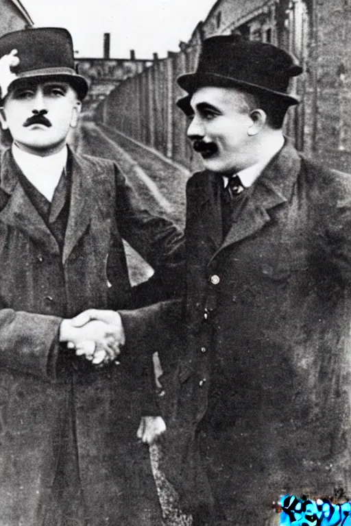 Prompt: a photograph of charlie chaplin and adolf hitler shaking hands in front of auschwitz gate, hitler, original photograph, rare