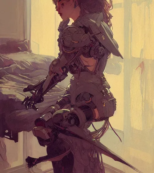 Prompt: woman model, combat mech clothes, in a bedroom, intricate clothes, elegant, highly detailed, digital painting, artstation, concept art, smooth, sharp focus, illustration, art by krenz cushart and artem demura and alphonse mucha