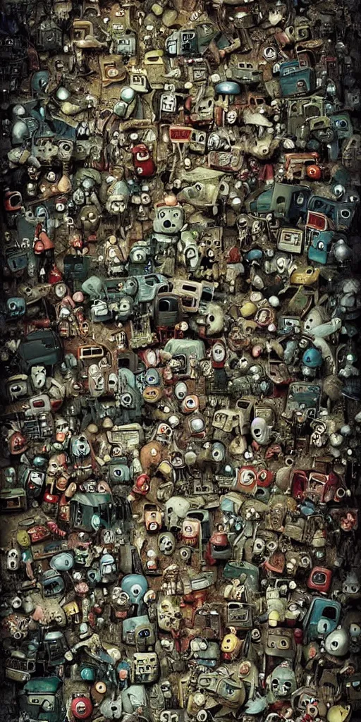 Prompt: a mobile phone junkyard scene by alexander jansson and where's waldo