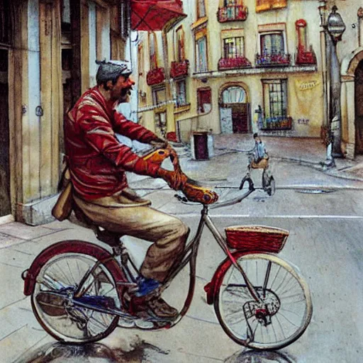 Image similar to a food delivery guy on his bicycle at the streets of Lisbon, art by Stephen Hickman