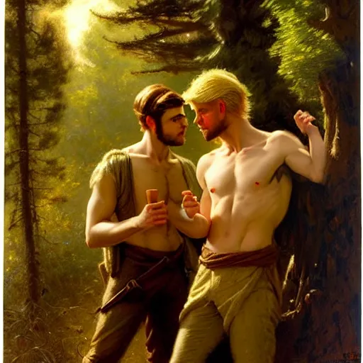 Prompt: attractive blonde male and attractive brunet male, in the woods near the fire. highly detailed painting by gaston bussiere, craig mullins, j. c. leyendecker 8 k